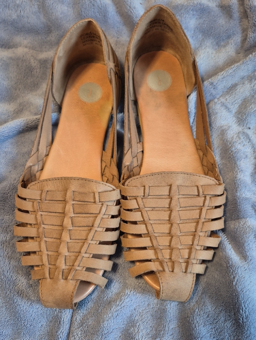 Women's Tan Woven Peep-Toe Flats